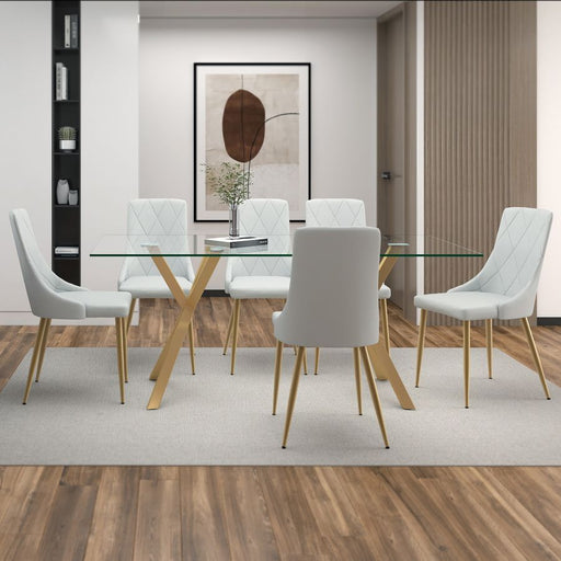 Worldwide Homes 207-535GL_573LG Stark/Antoine 7pc Dining Set in Aged Gold with Light Grey Chair