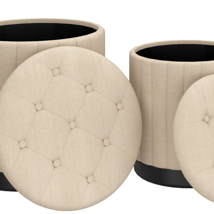 Lexi 3pc Round Storage Ottoman Set in Beige and Black