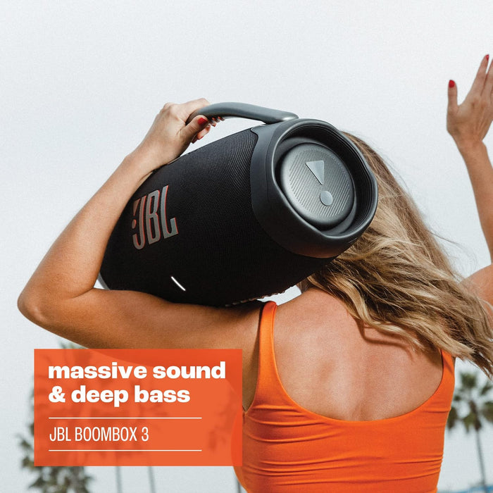 JBL Boombox 3 - Portable Bluetooth Speaker, Powerful Sound and Monstrous bass, IPX7 Waterproof, 24 Hours of Playtime, powerbank, JBL PartyBoost for Speaker Pairing, and eco-Friendly Packaging (Black)-Open Box (10/10 Condition)