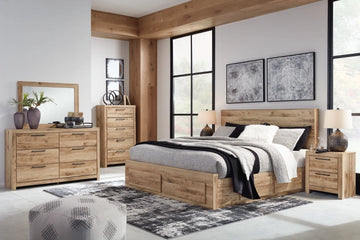 Hyanna Queen Panel Storage Bed with Mirrored Dresser, Chest and Nightstand in Tan Brown