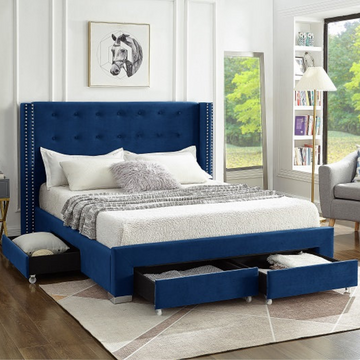 Blue Velvet Fabric Wing Bed