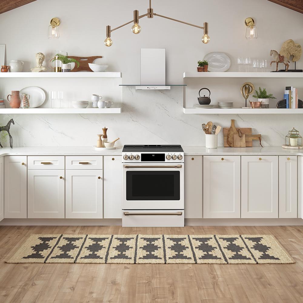 Café Matte White 3-Piece Kitchen Package — 30" Electric Range with Warming Drawer, 33" French-Door Fridge & 24" Dishwasher
