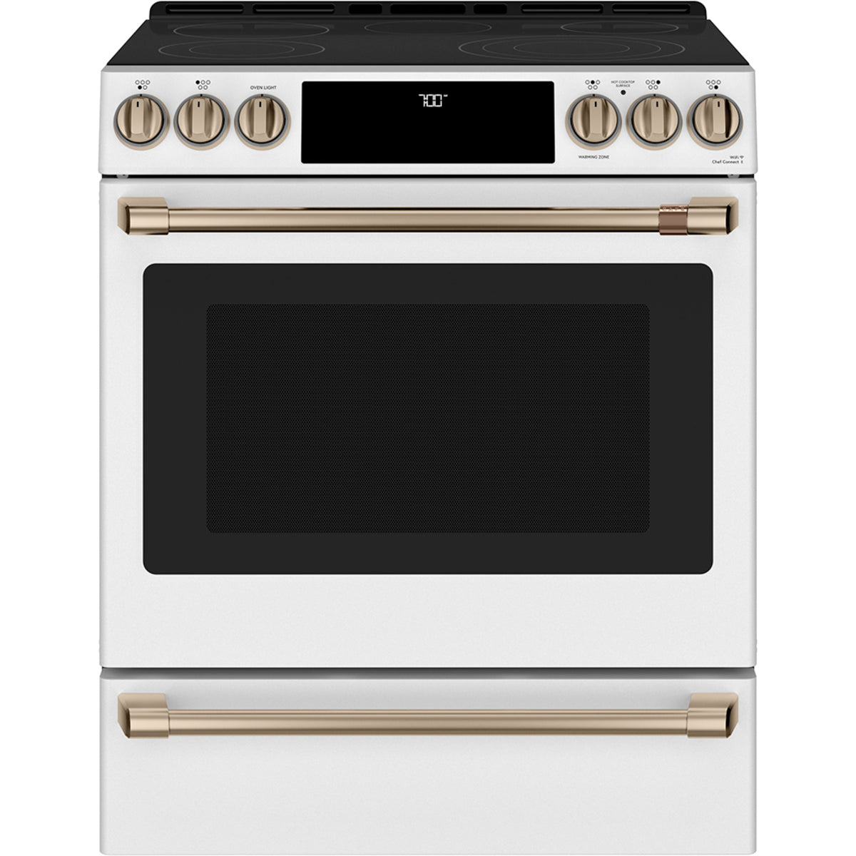 Café Matte White 3-Piece Kitchen Package — 30" Electric Range with Warming Drawer, 33" French-Door Fridge & 24" Dishwasher