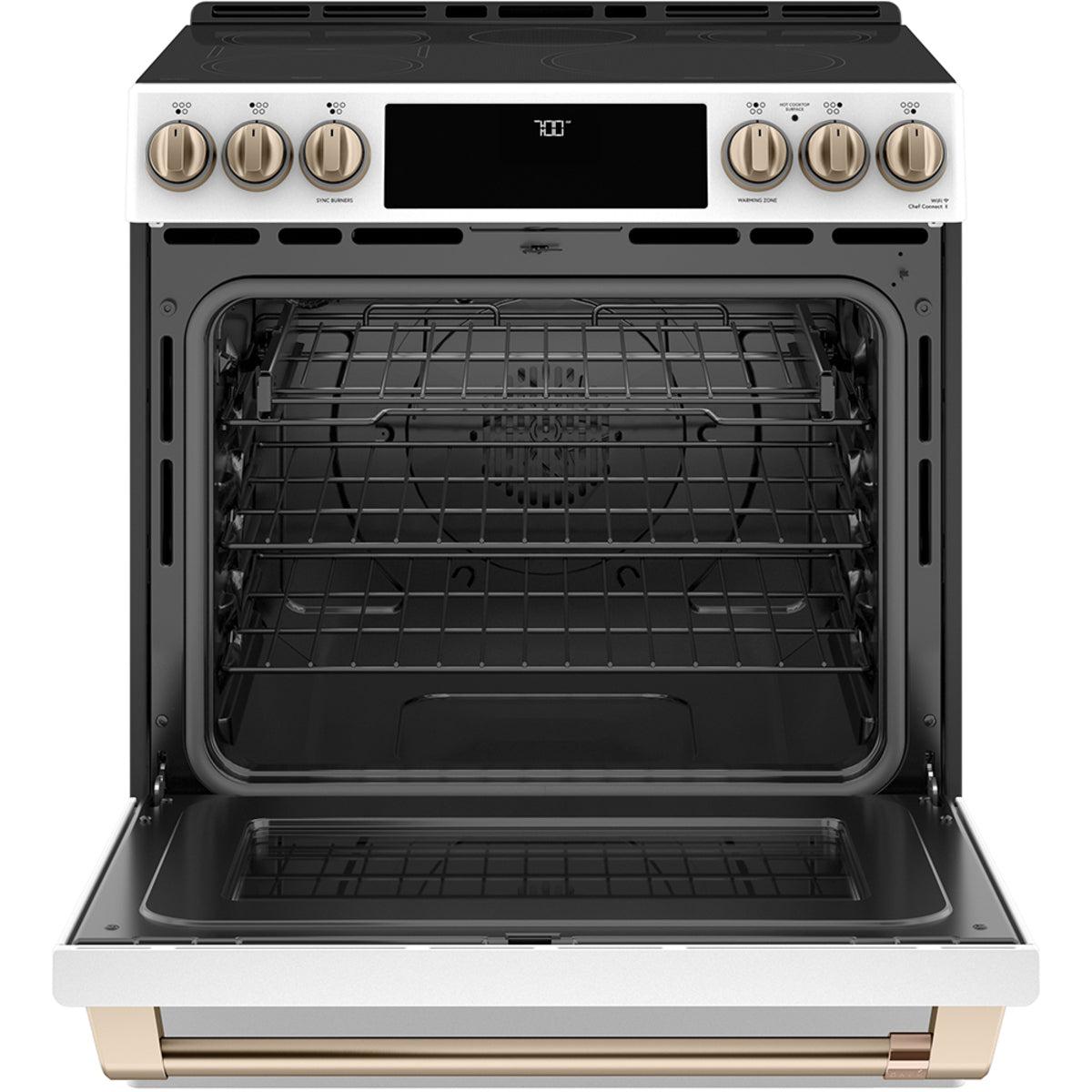 Café Matte White 3-Piece Kitchen Package — 30" Electric Range with Warming Drawer, 33" French-Door Fridge & 24" Dishwasher