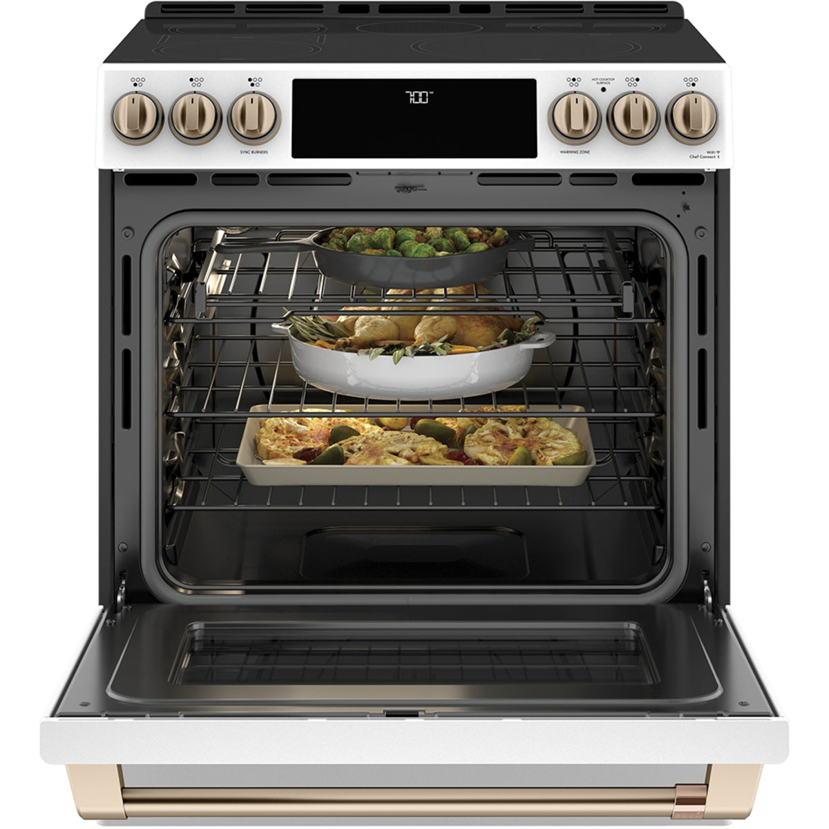 Café Matte White 3-Piece Kitchen Package — 30" Electric Range with Warming Drawer, 33" French-Door Fridge & 24" Dishwasher