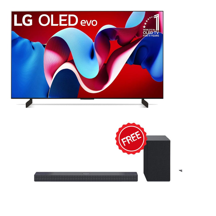 LG 65-Inch C4 OLED evo 4K Smart TV - α9 AI Processor 4K, Alexa Built-in, 144Hz Refresh Rate, HDMI 2.1, G-Sync, FreeSync, VRR, WebOS 24, Dolby Vision, Dolby Atmos (OLED65C4PUA+Soundbar)