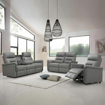 3pc Genuine Leather Match Power Recliner Set Light Grey