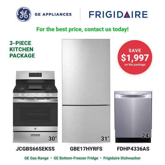 GE & Frigidaire 3-piece stainless kitchen package $2,399.99 — JCGBS66SEKSS, GBE17HYRFS, FDHP4336AS