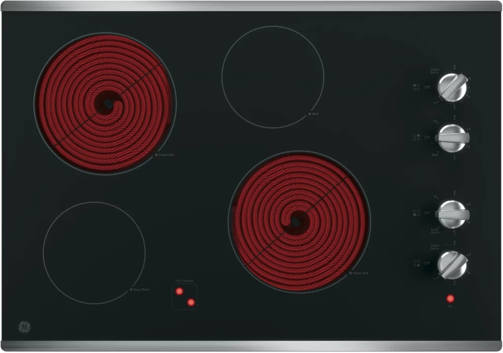 GE JP3030SWSS 30" Built-In Knob Control Electric Cooktop in Stainless Steel on Black