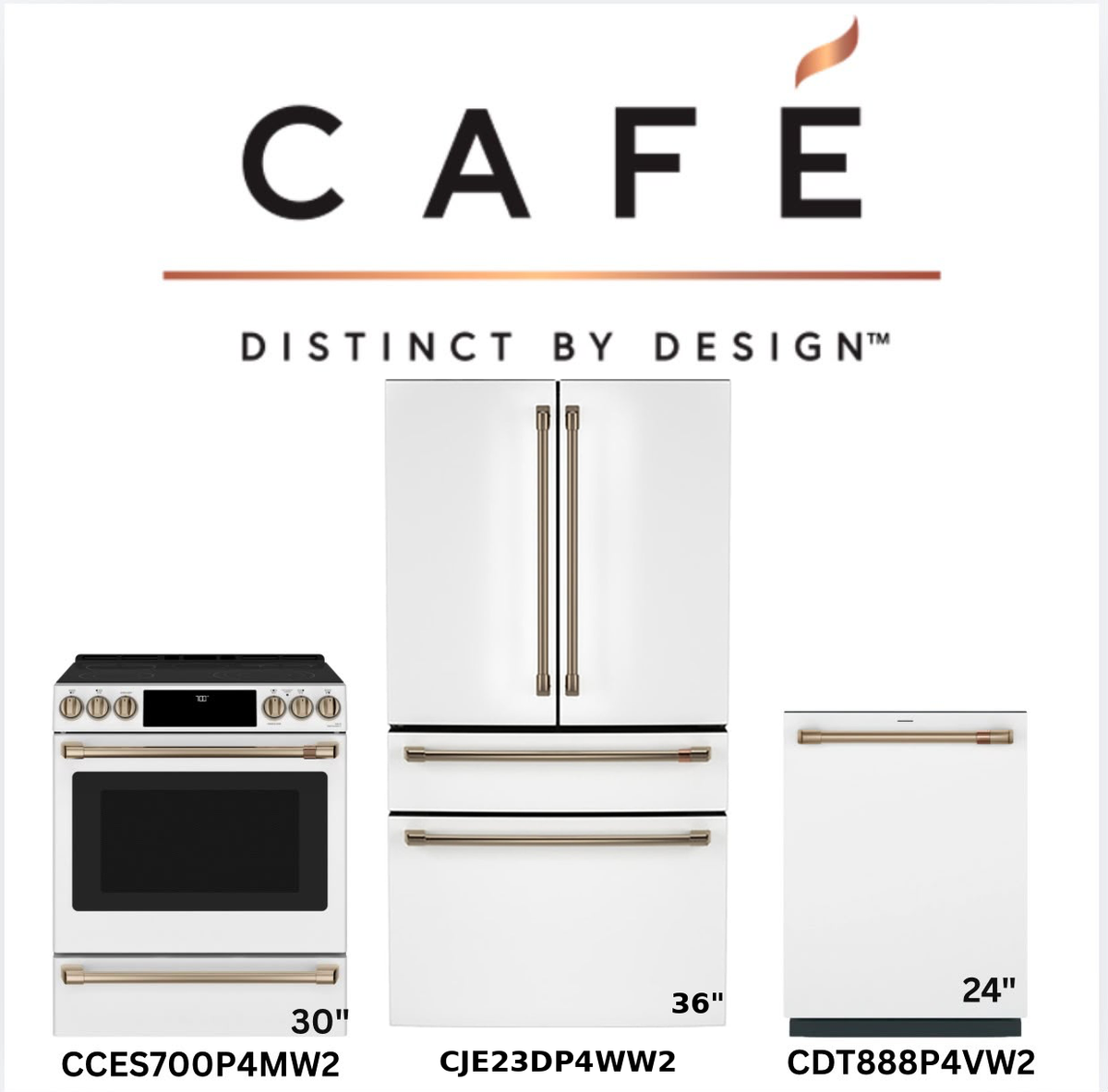 Café Matte White 3-Piece Kitchen Package — 30" Electric Range with Warming Drawer, 36" 4-Door French-Door Fridge & 24" Dishwasher