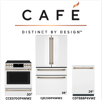 Café Matte White 3-Piece Kitchen Package — 30" Electric Range with Warming Drawer, 36" 4-Door French-Door Fridge & 24" Dishwasher