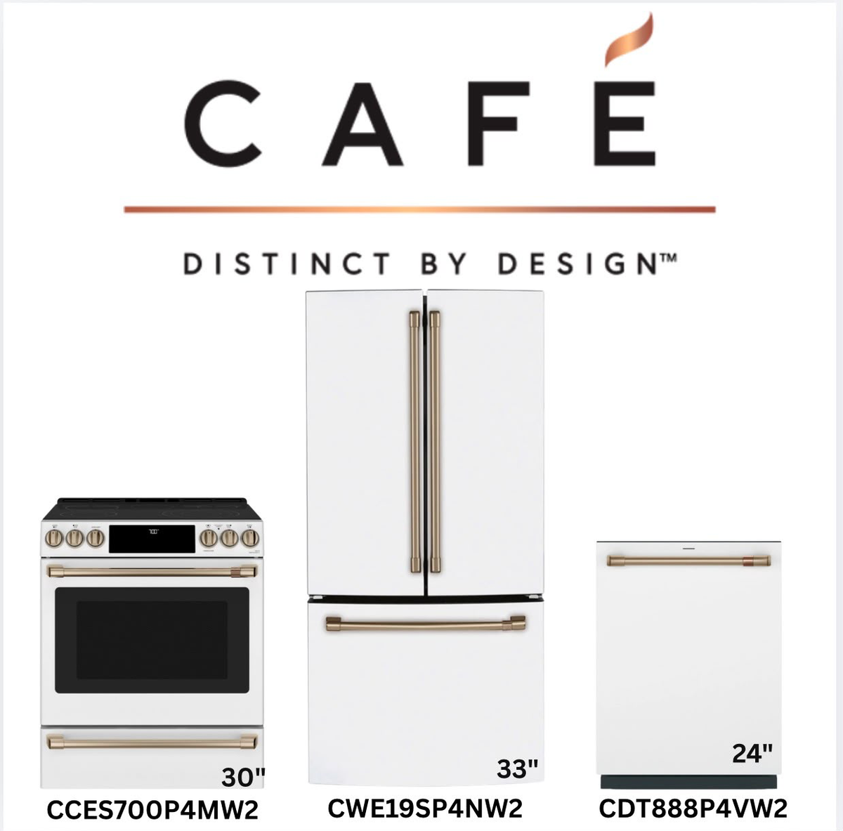 Café Matte White 3-Piece Kitchen Package — 30" Electric Range with Warming Drawer, 33" French-Door Fridge & 24" Dishwasher