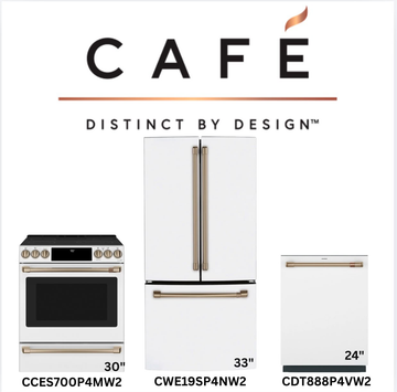Café Matte White 3-Piece Kitchen Package — 30" Electric Range with Warming Drawer, 33" French-Door Fridge & 24" Dishwasher