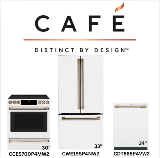Café Matte White 3-Piece Kitchen Package — 30" Electric Range with Warming Drawer, 33" French-Door Fridge & 24" Dishwasher