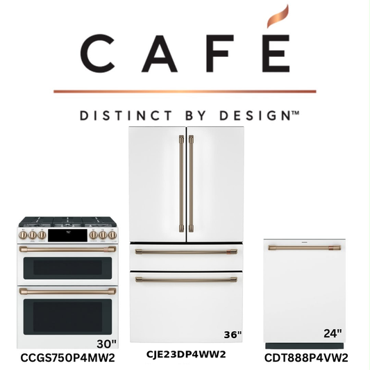 Café Matte White 3-Piece Kitchen Package — 30" Gas Double Oven Range, 36" 4-Door French-Door Fridge & 24" Dishwasher
