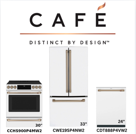 Café Matte White induction range, fridge and dishwasher package