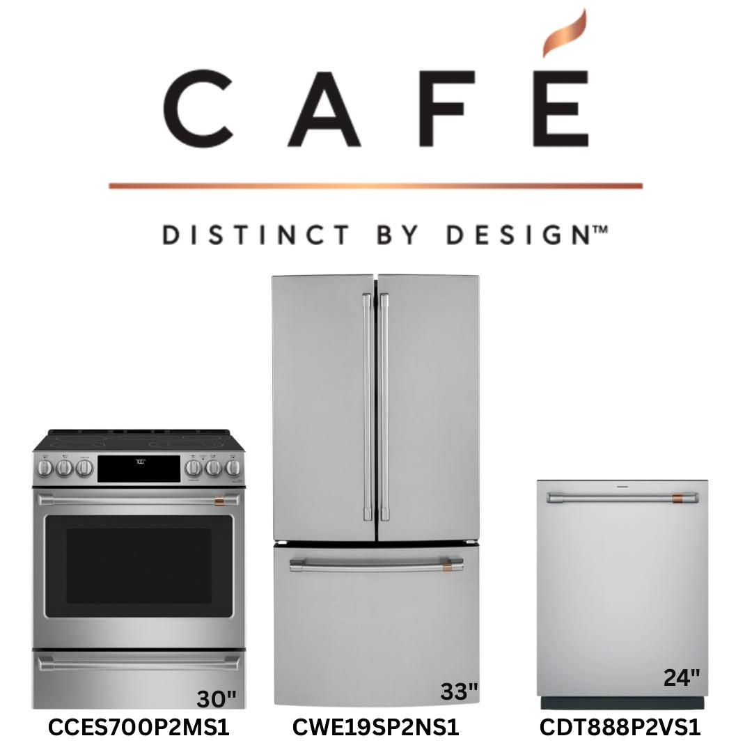 Café Stainless Steel 3-Piece Kitchen Package — 30" Electric Range, 33" French-Door Fridge & 24" Dishwasher