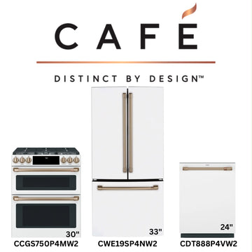 Café Matte White 3-Piece Kitchen Package — 30" Gas Double Oven Range, 33" French-Door Fridge & 24" Dishwasher