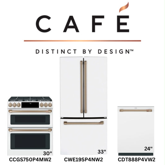 Café Matte White 3-Piece Kitchen Package — 30" Gas Double Oven Range, 33" French-Door Fridge & 24" Dishwasher