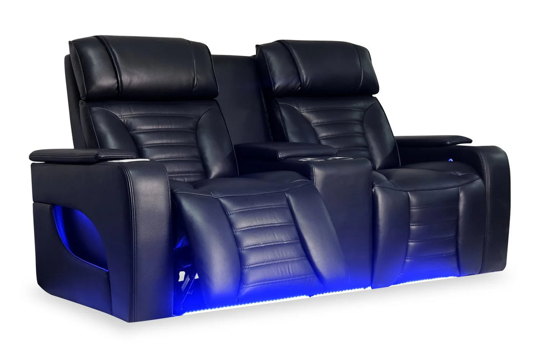 BonnyLynn Cinema Collection 75.5" Black Genuine Leather Power Reclining Massage Loveseat with Power Headrest and Heated Seat