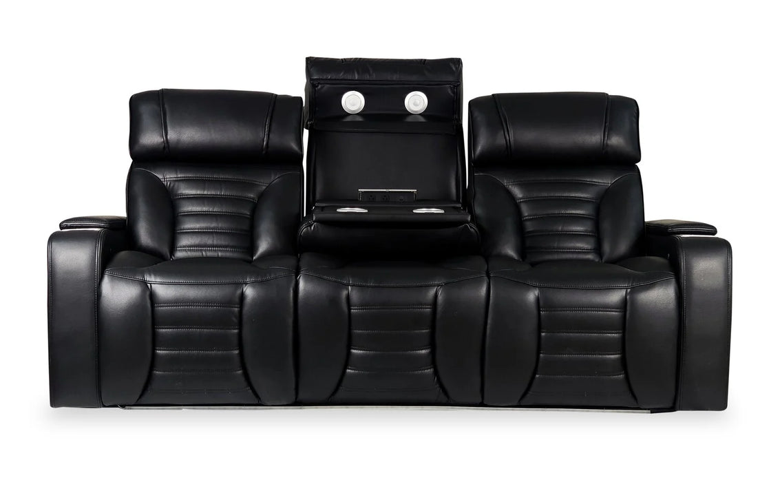 BonnyLynn Cinema Collection 86" Black Genuine Leather Power Reclining Massage Sofa with Power Headrests and Heated Seats