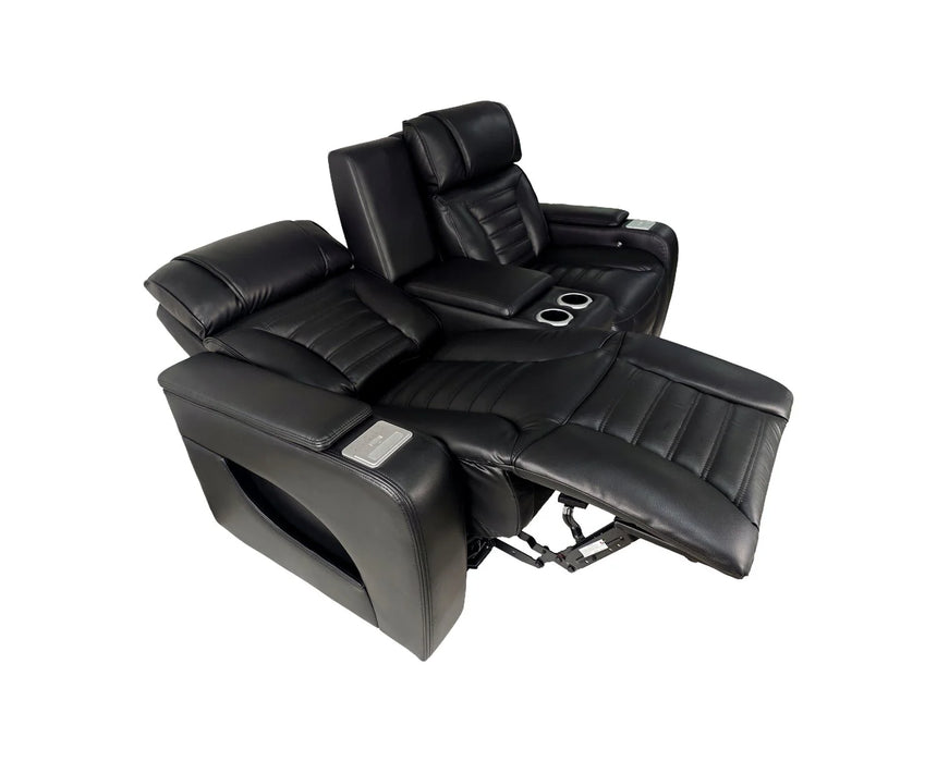 BonnyLynn Cinema Collection 86" Black Genuine Leather Power Reclining Massage Sofa with Power Headrests and Heated Seats