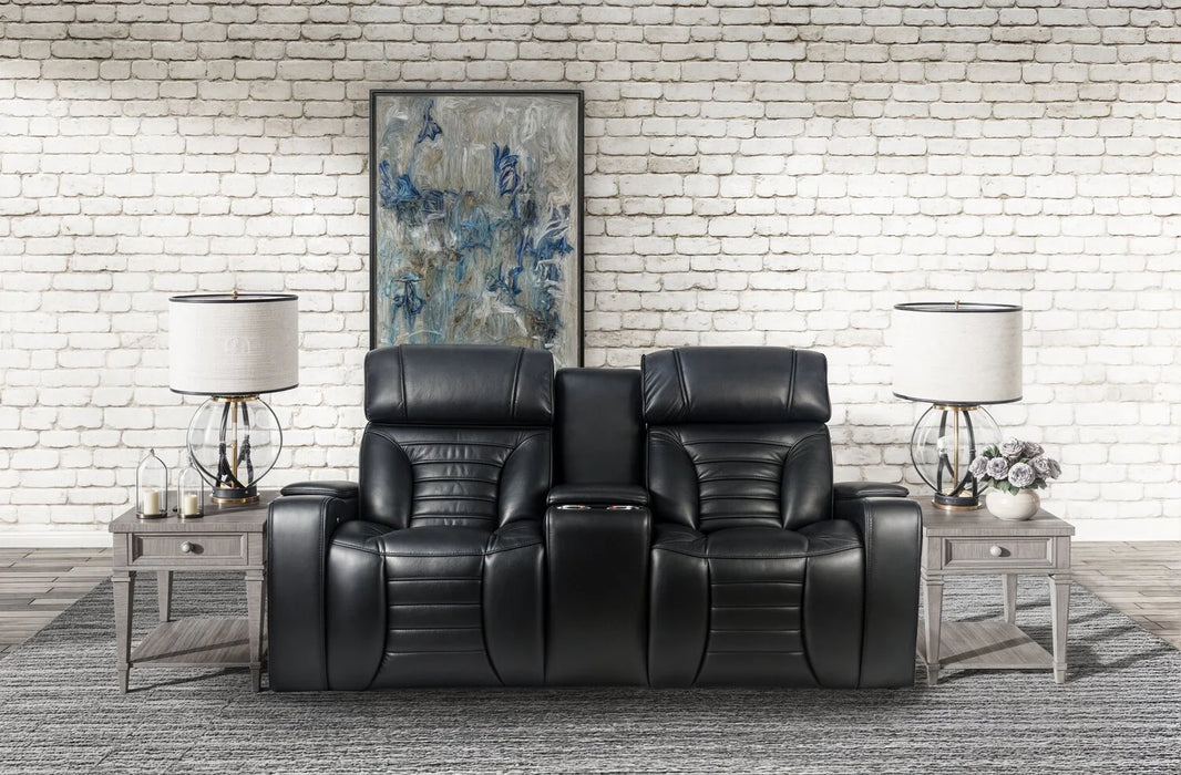 BonnyLynn Cinema Collection 75.5" Black Genuine Leather Power Reclining Massage Loveseat with Power Headrest and Heated Seat