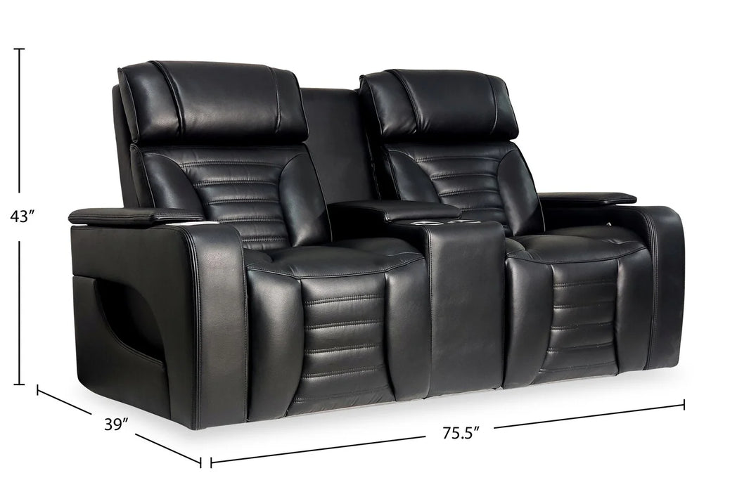 BonnyLynn Cinema Collection 75.5" Black Genuine Leather Power Reclining Massage Loveseat with Power Headrest and Heated Seat