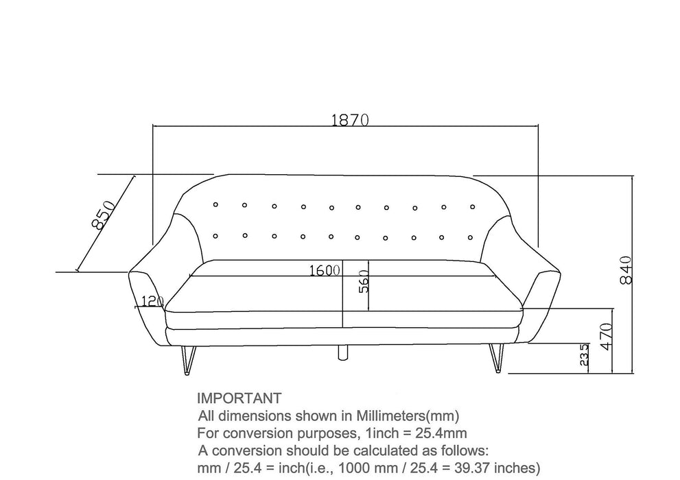 Inspire 701-096GY Scott 3 Seater Sofa, 73.75-Inch In Grey