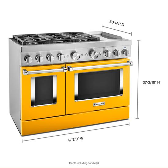 KitchenAid KFDC558JYP 48'' Smart Commercial-Style Dual Fuel Range with Griddle in Yellow Pepper