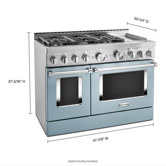 KitchenAid KFGC558JMB 48'' Smart Commercial-Style Gas Range with Griddle in Misty Blue