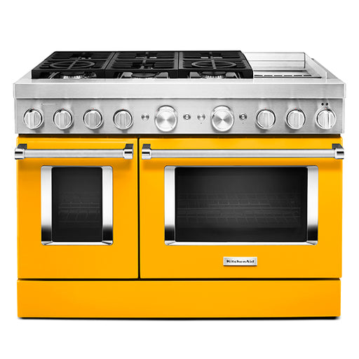 KitchenAid KFDC558JYP 48'' Smart Commercial-Style Dual Fuel Range with Griddle in Yellow Pepper