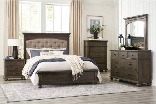 King Size Bed, Night Stand, Chest, Dresser and Mirror Bed Room Set