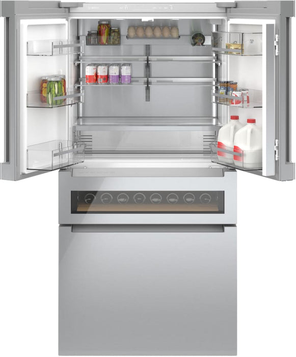 BOSCH B36CL81ENG 800 Series 36 Inch Freestanding 4 French Door Smart Refrigerator In Glass over Stainless Steel