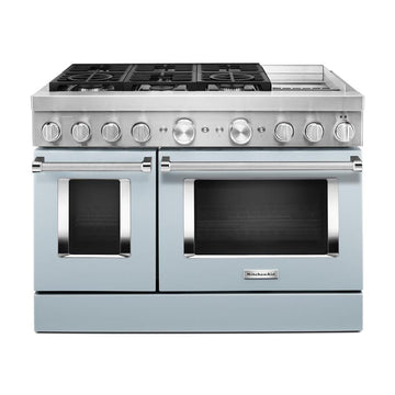 KitchenAid KFDC558JMB 48'' Smart Commercial-Style Dual Fuel Range with Griddle in Misty Blue